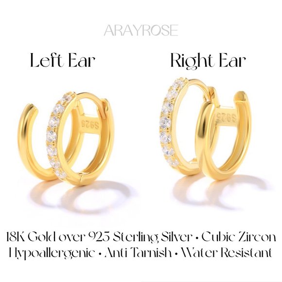 New Paved Double Hoop Earrings One Piercing, Fake Second Piercing Huggies - Picture 2 of 3